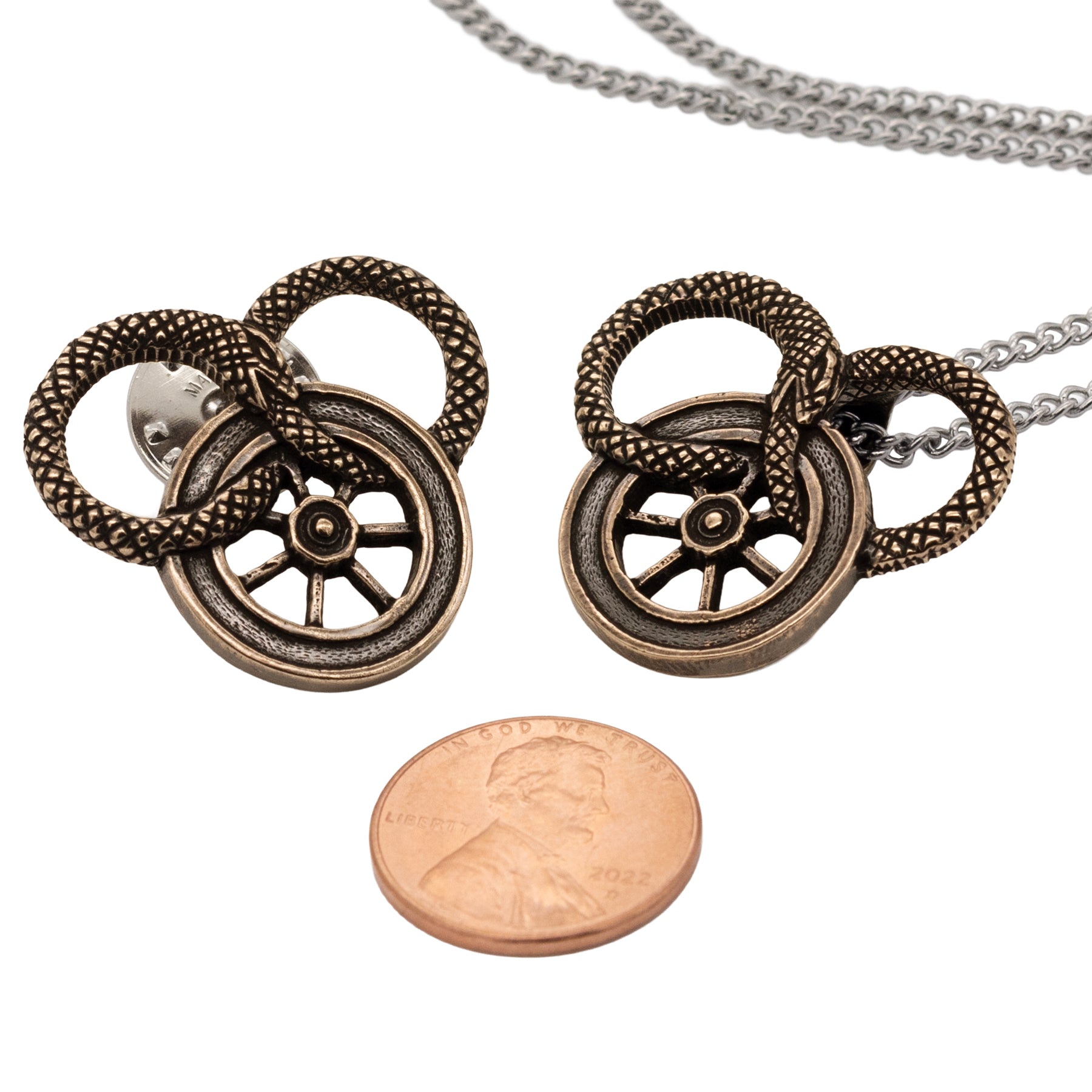 Snake and Wheel Necklace - Sterling Silver or Bronze
