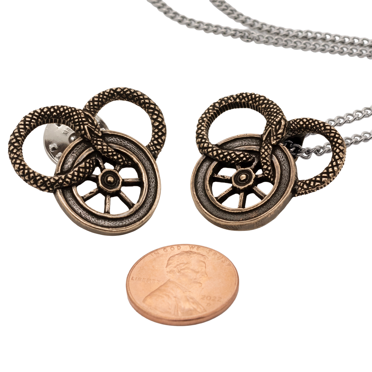 Snake and Wheel Lapel Pin - Sterling Silver or Bronze