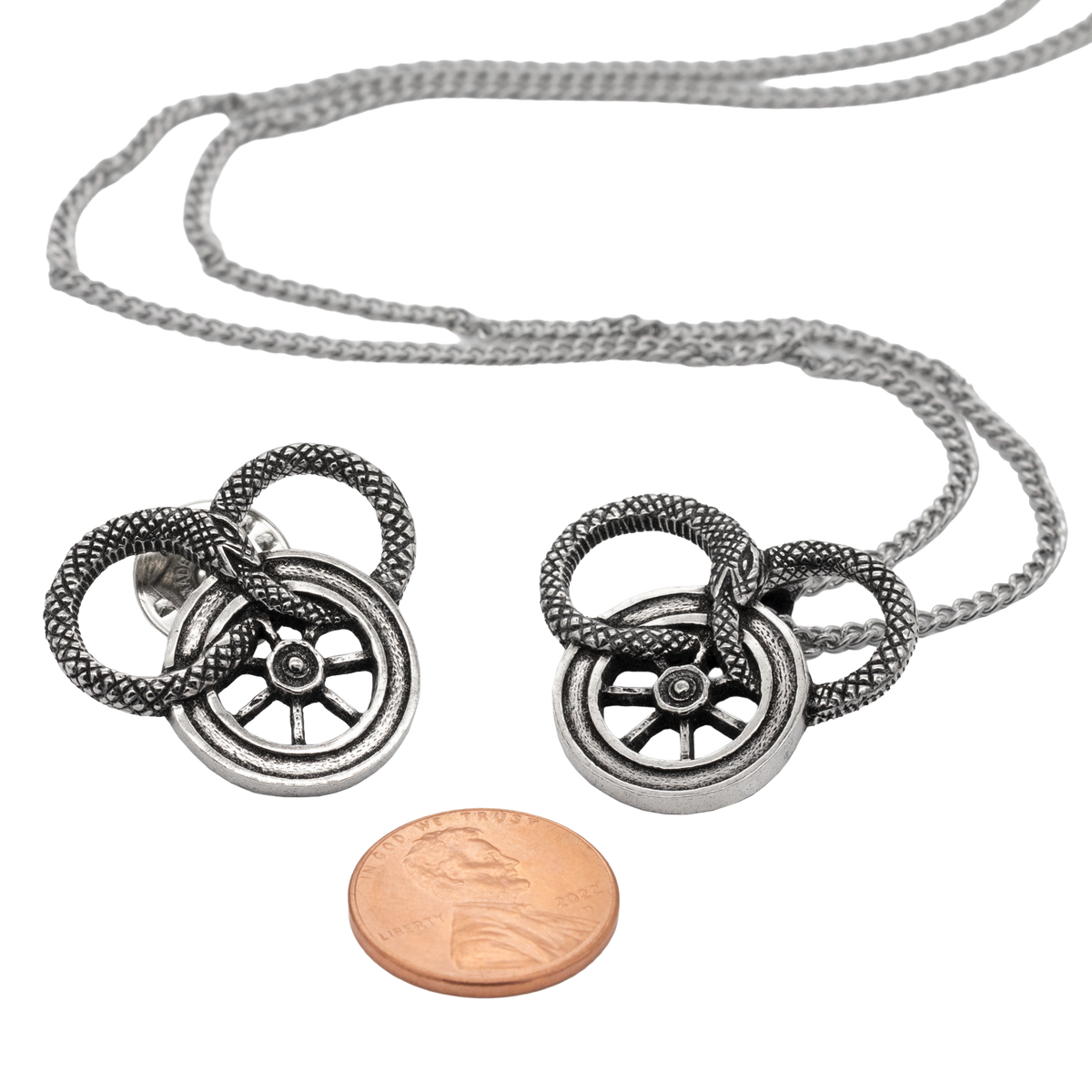 Snake and Wheel Lapel Pin - Sterling Silver or Bronze