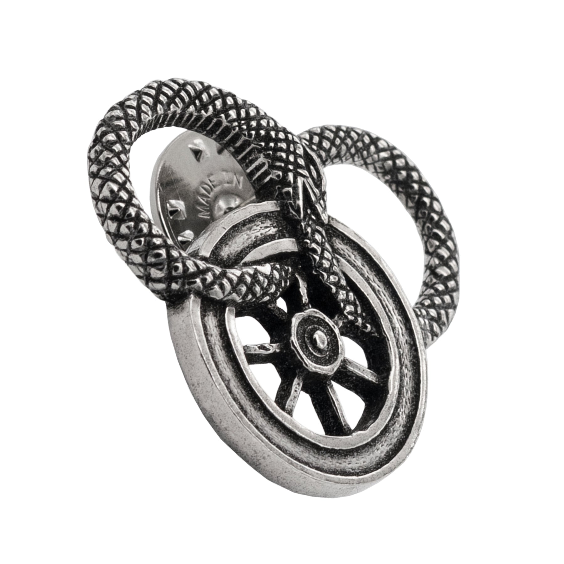 Snake and Wheel Lapel Pin - Sterling Silver or Bronze