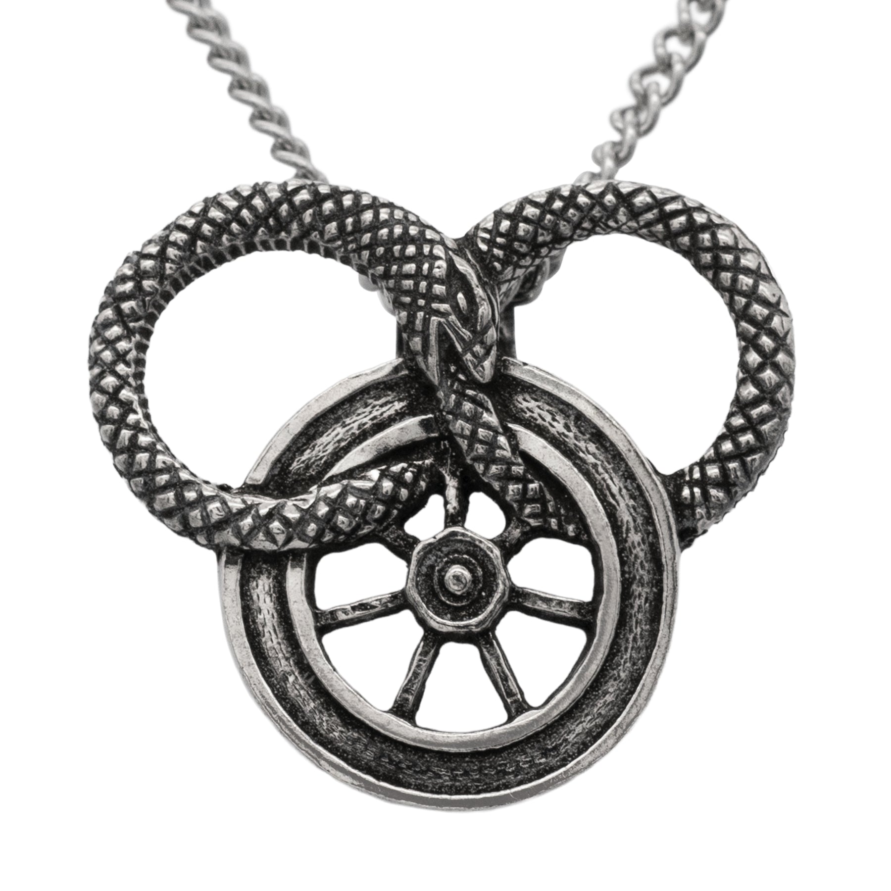 Snake and Wheel Necklace - Sterling Silver or Bronze