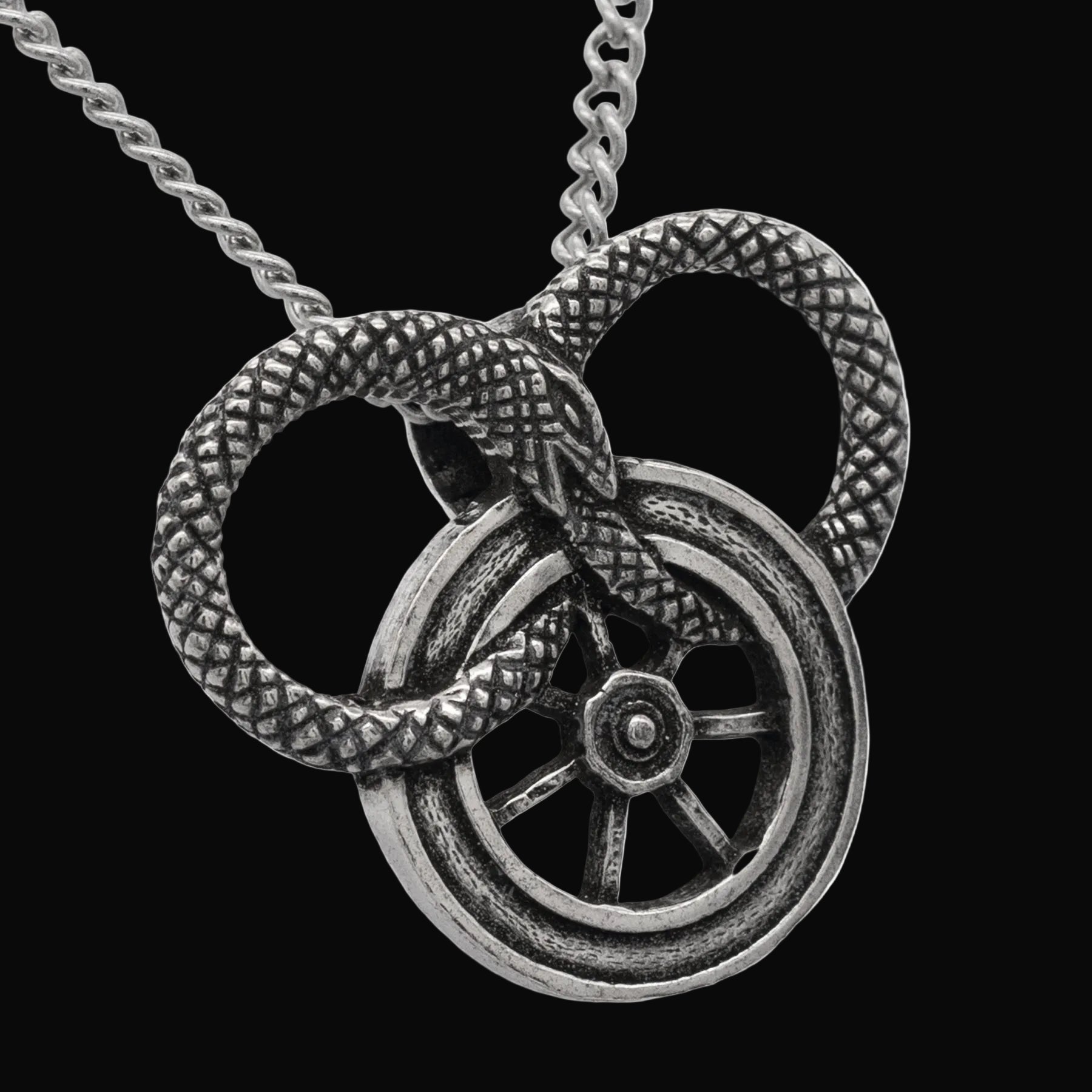 Snake and Wheel Necklace - Sterling Silver or Bronze