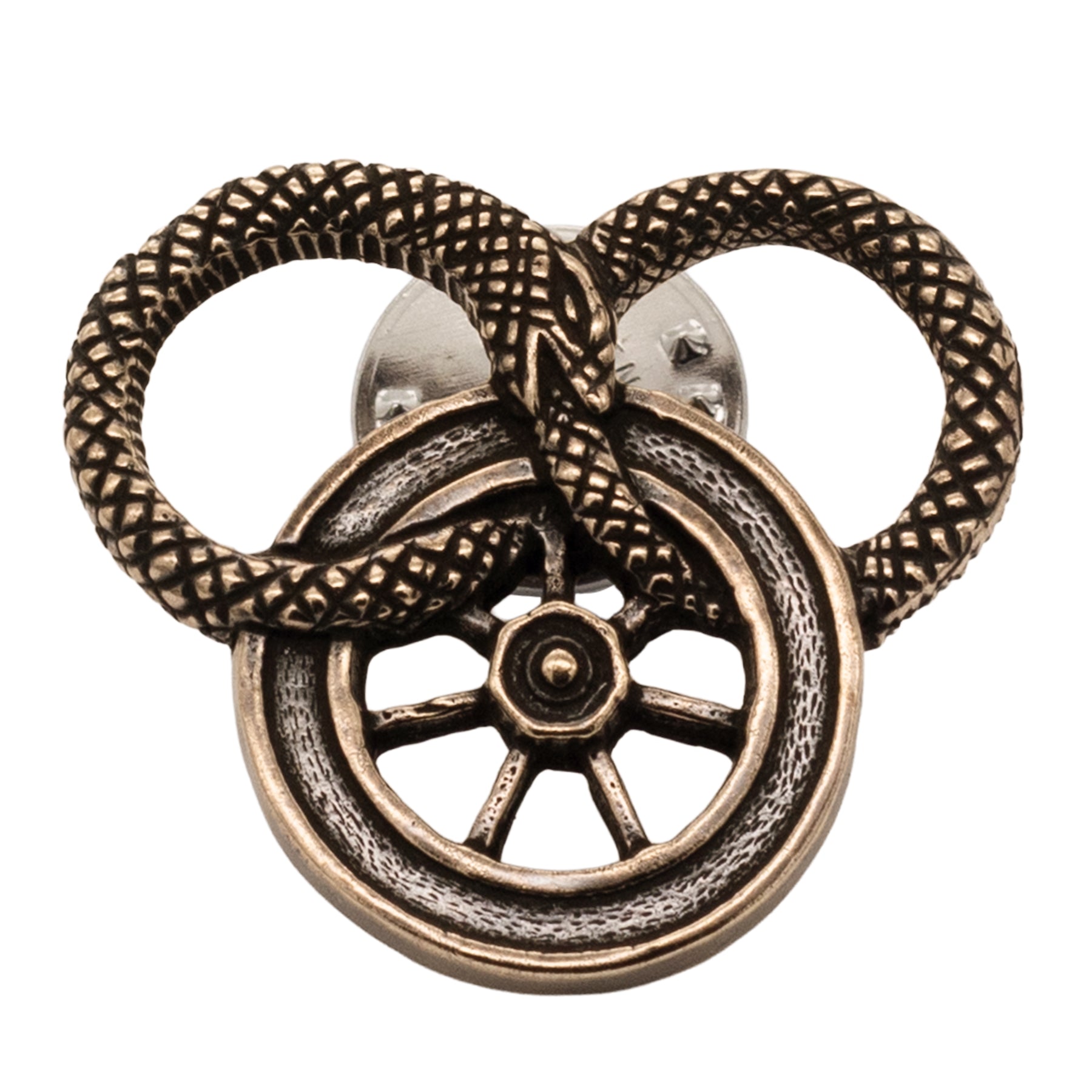 Snake and Wheel Lapel Pin - Sterling Silver or Bronze