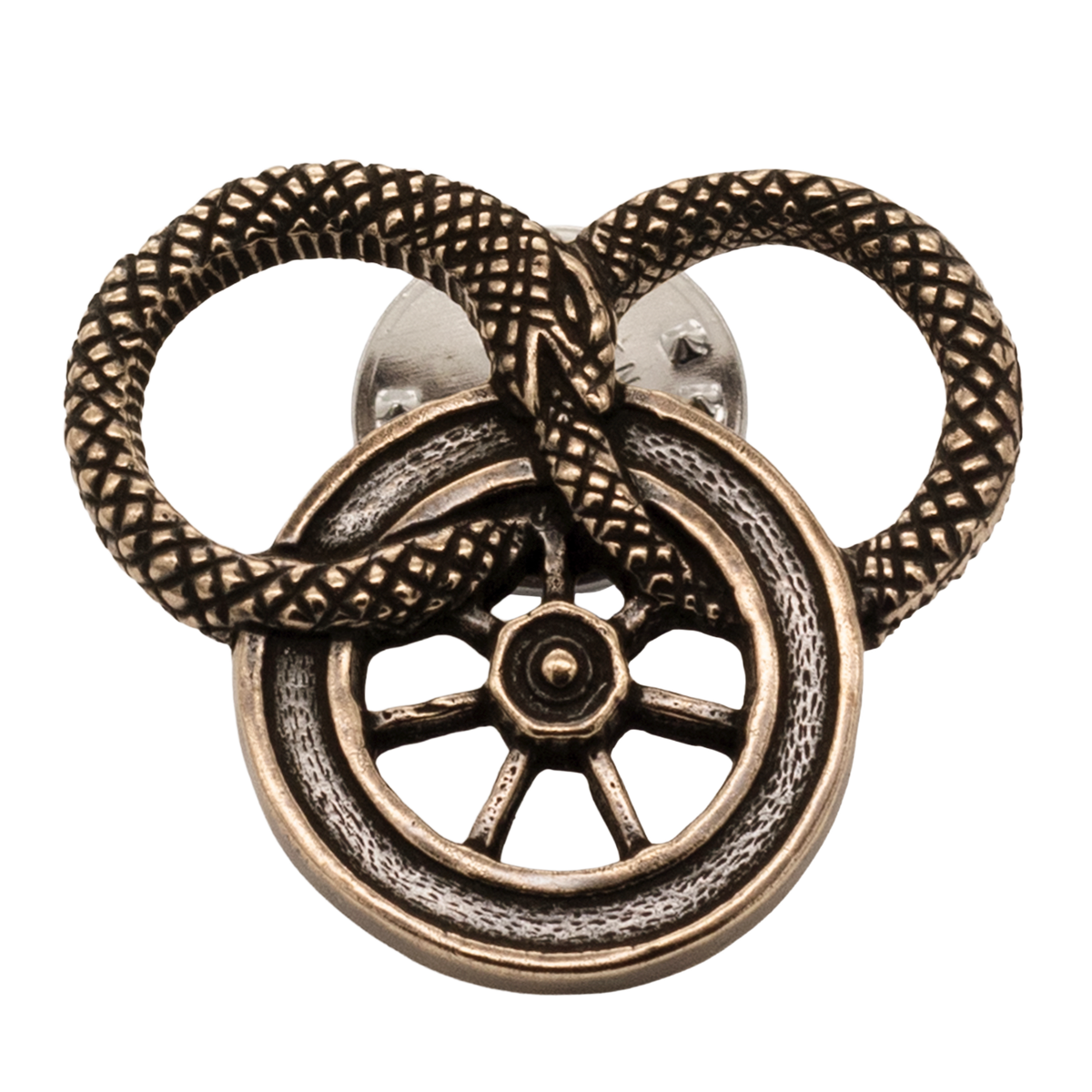 Snake and Wheel Lapel Pin - Sterling Silver or Bronze