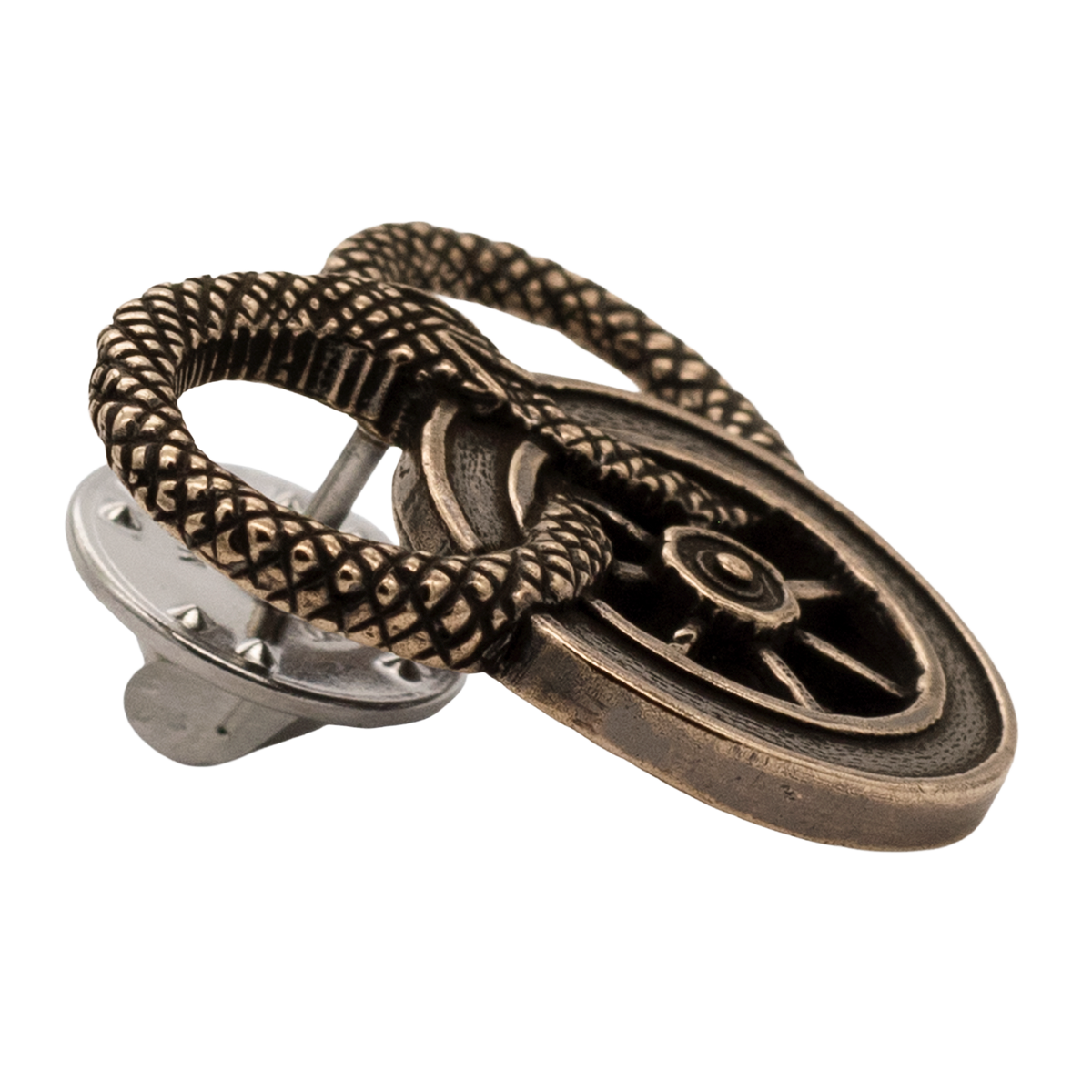 Snake and Wheel Lapel Pin - Sterling Silver or Bronze