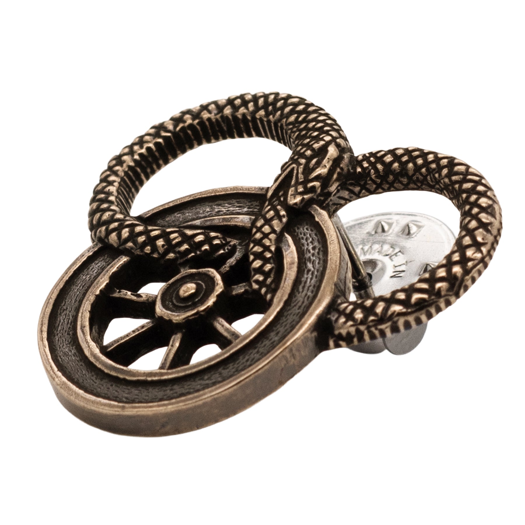 Snake and Wheel Lapel Pin - Sterling Silver or Bronze