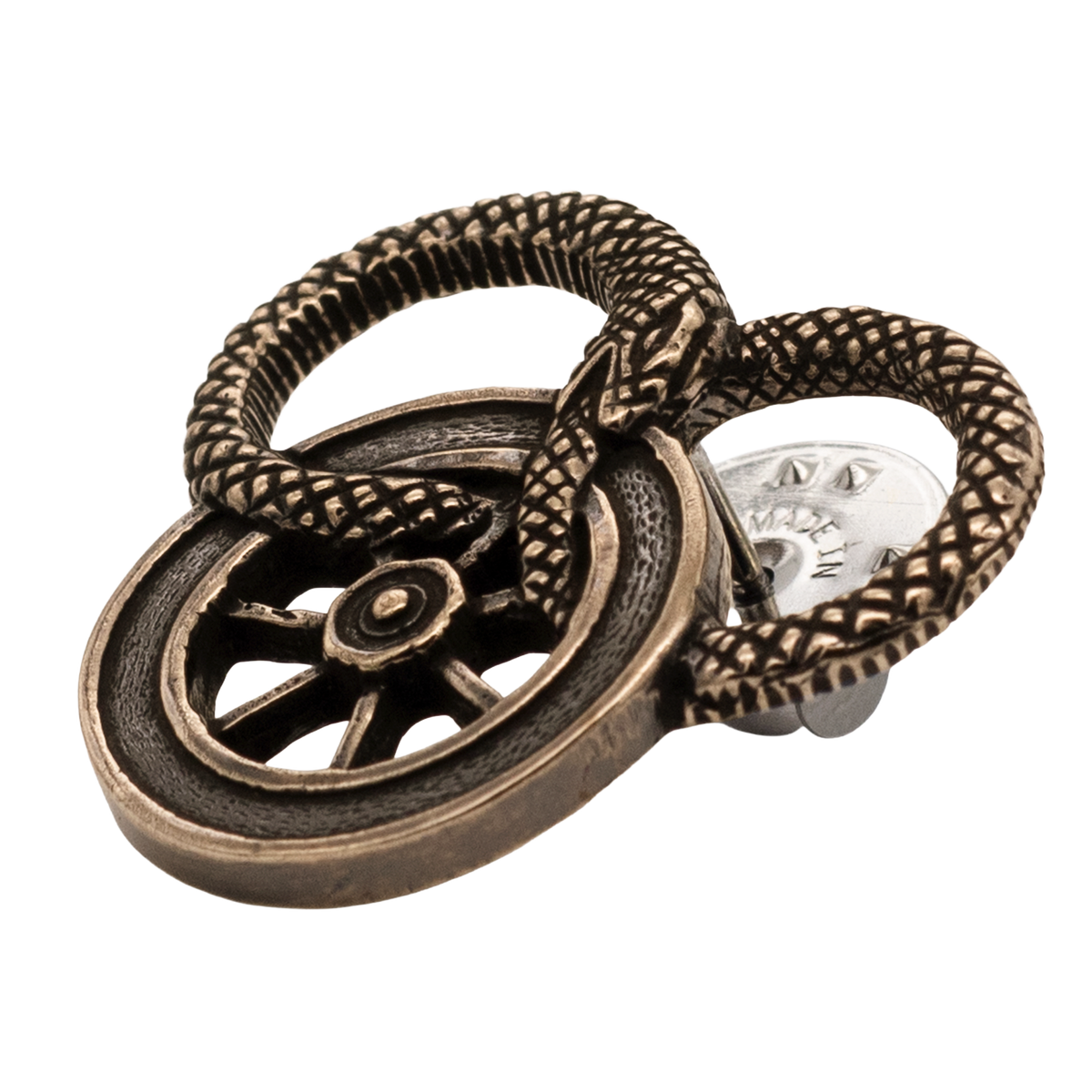 Snake and Wheel Lapel Pin - Sterling Silver or Bronze