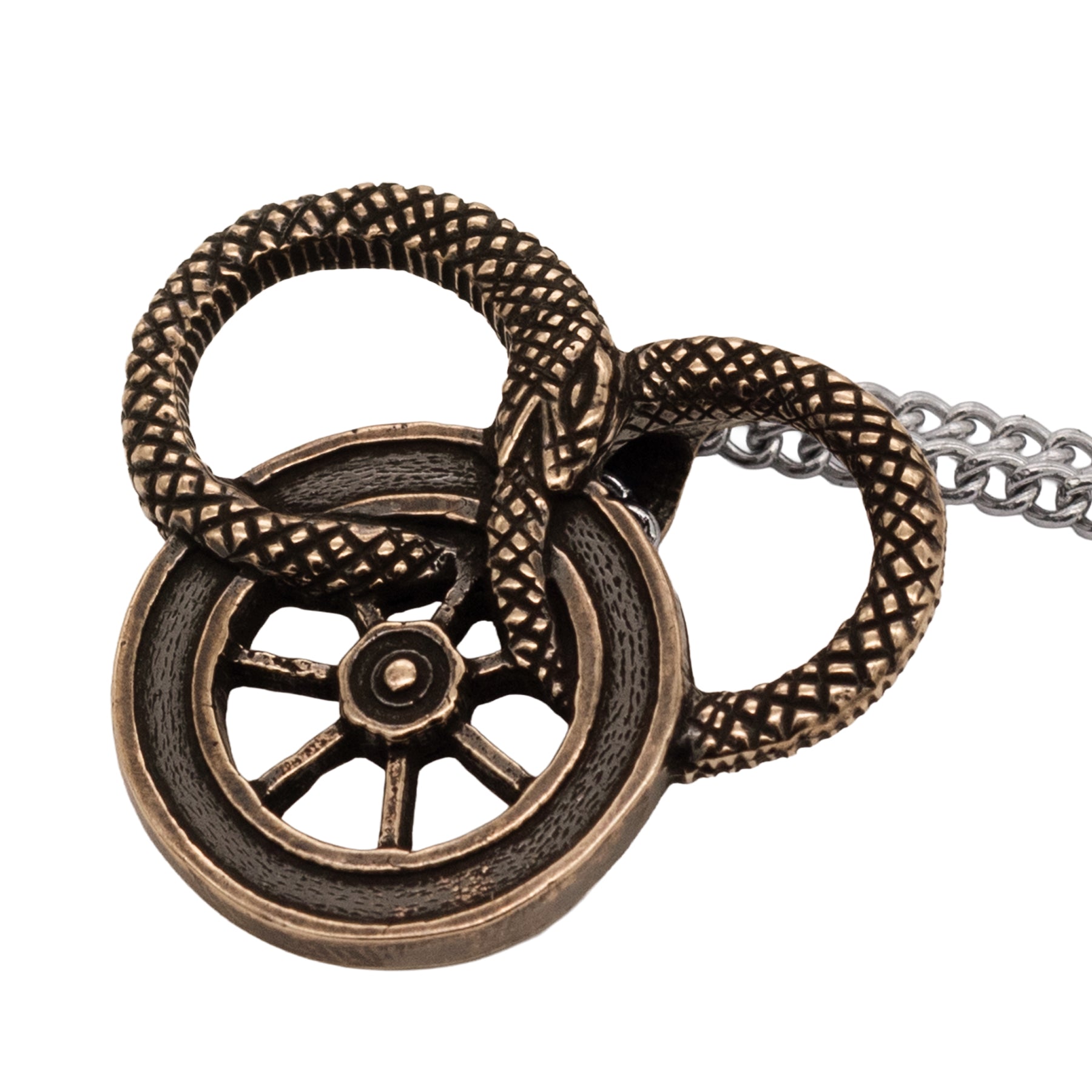 Snake and Wheel Necklace - Sterling Silver or Bronze