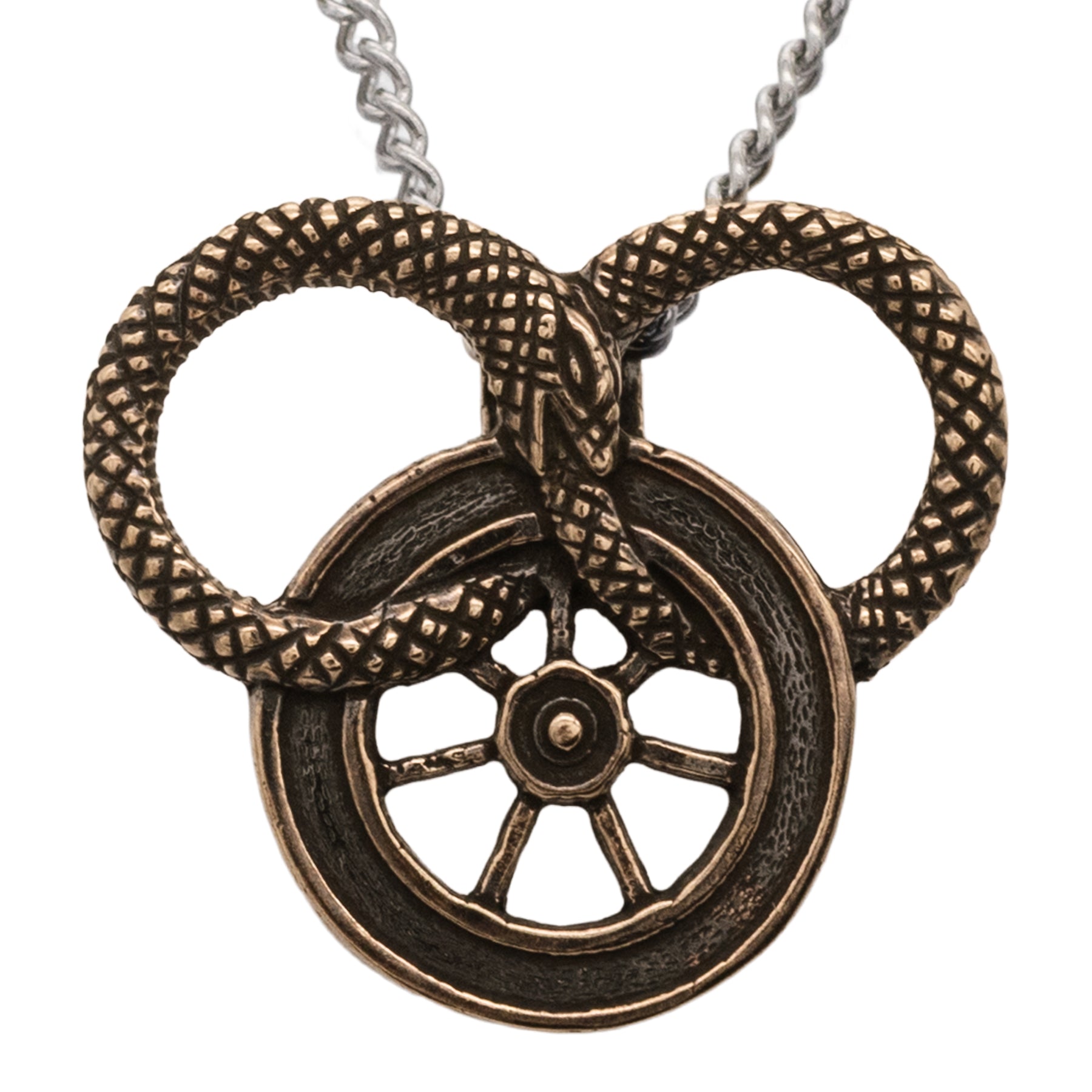 Snake and Wheel Necklace - Sterling Silver or Bronze