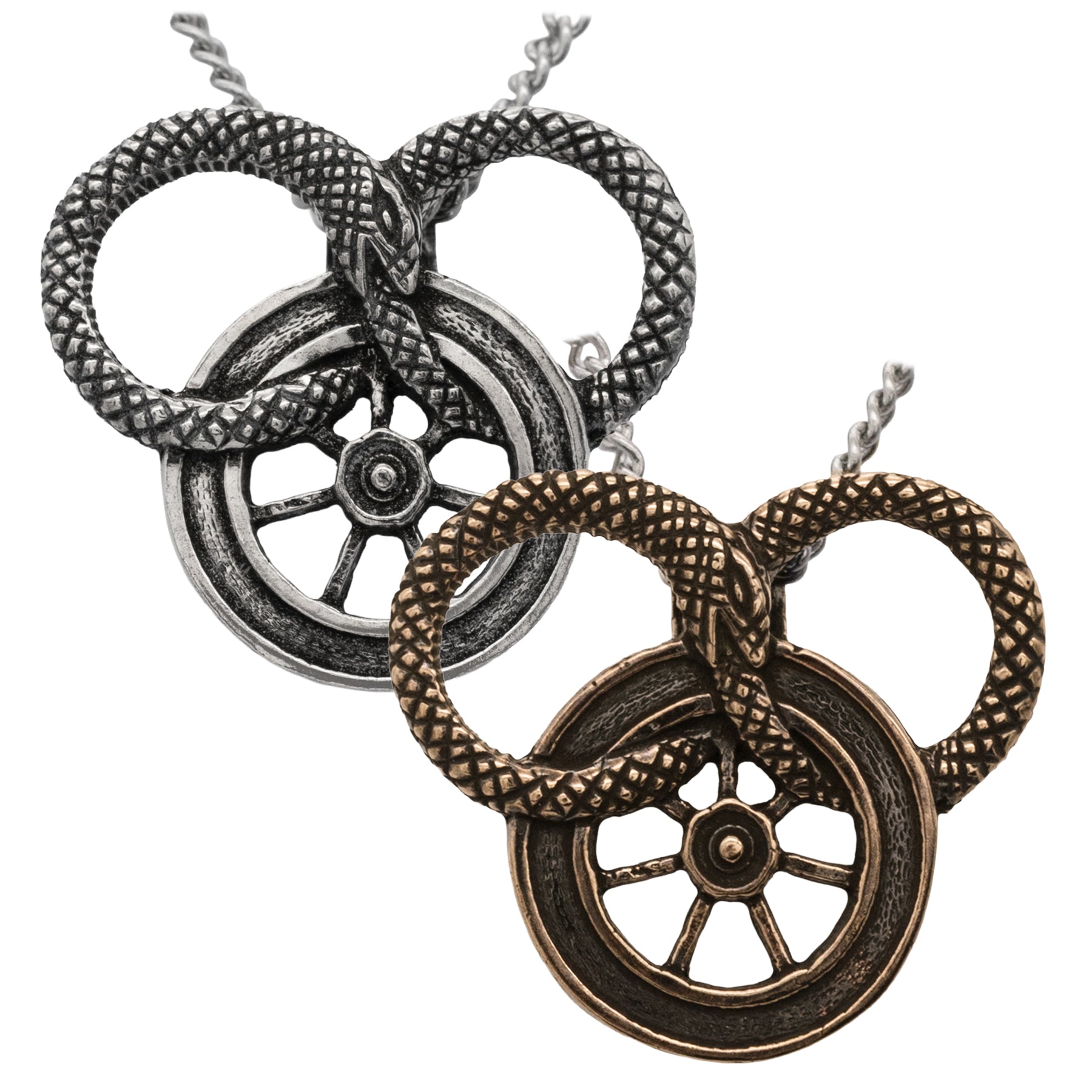 Snake and Wheel Necklace - Sterling Silver or Bronze