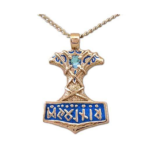 Gold Ornate Enameled Thor's Hammer Necklace with Gemstone – BJS